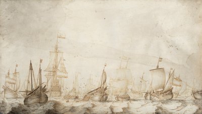 Navios holandeses de pesca do arenque no Mar do Norte. Desenho a tinta e aguada (27,4x47,6 cm) de William van de Velde, o Velho (ca. 1611-1693), cerca de 1650. de Willem van de the Elder Velde