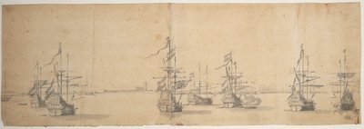 Navios holandeses ancorados ao largo de uma costa baixa, c.1658 (grafite, lavagem a cinzento) de Willem van de the Elder Velde