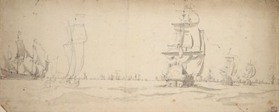 Navios holandeses a correr em direção à frota principal, maio 1672, c.1672 (grafite, lavagem a cinzento) de Willem van de the Elder Velde