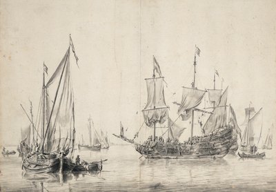 Barcos à vela e uma fragata holandesa a secar as velas. Desenho e lavagem (26x37 cm), de William van de Velde l
