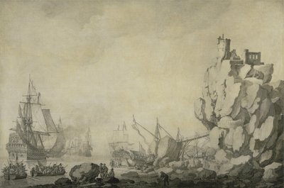 Navios e milícias por uma costa rochosa, c.1680 (caneta e tinta sobre tela preparada) de Willem van de the Elder Velde