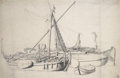 Estudo de um damlooper e de um smalschip deitados um ao lado do outro, c.1665 (grafite, lavagem cinzenta) de Willem van de the Elder Velde