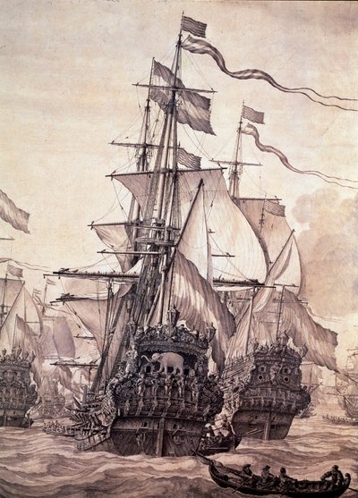A Frota Holandesa em 1672. Detalhe - óleo sobre tela de Willem van de the Elder Velde