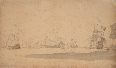 A frota neerlandesa deitada, provavelmente em maio de 1672, c.1672 (grafite, lavagem a cinzento) de Willem van de the Elder Velde