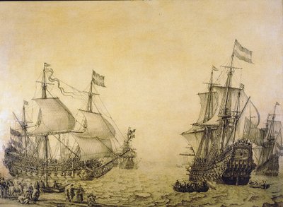 O navio holandês "Oosterwijk", ao deixar a costa, é descrito de dois ângulos. Grisaille sobre madeira de Willem van de the Elder Velde