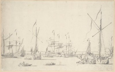 Os iates e os navios ancorados perto de Sheerness, c.1677 (grafite, lavagem a cinzento) de Willem van de the Elder Velde
