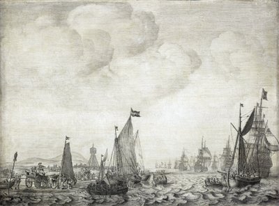 Navios de comércio para o Oriente e sua escolta, saindo de Vlie (ou Vliestroom), rota marítima entre as ilhas de Vlieland e Treschelling (Holanda), 9 de junho de 1645 de Willem van de the Elder Velde