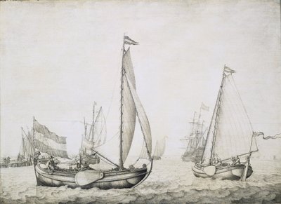 Dois navios holandeses ao largo, provavelmente no porto de Amesterdão (Holanda). Grisaille sobre madeira, cerca de 1660, de Willem van de Velde (1611-1693). de Willem van de the Elder Velde