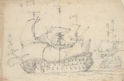 Duas terceiras-artes inglesas a começar, c.1675 (lápis) de Willem van de the Elder Velde