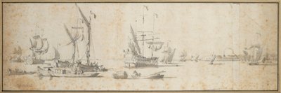 Dois dogueiros e um navio fundeado num porto, c.1681 (grafite, lavagem a cinzento) de Willem van de the Elder Velde