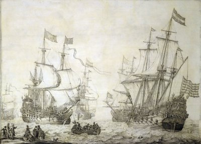 Dois navios mercantes da Companhia Holandesa das Índias Orientais, deixando a costa com ventos calmos. Grisaille sobre madeira de Willem van de the Elder Velde