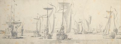 Visita de Carlos II ao "Tiger" em Woolwich: Os iates a contornar uma curva do rio de Willem van de the Elder Velde