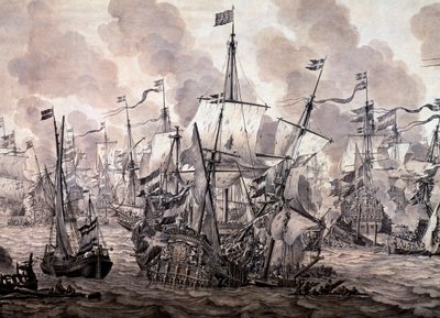 a Batalha do Som entre as frotas holandesa e sueca, 8 de Novembro de 1658. Detalhe - Pintura a óleo e tinta de Willem van de the Elder Velde