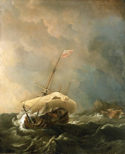 Navio britânico num vento tempestuoso, a tentar escapar da costa rochosa. Óleo sobre tela de Willem van de Velde the Younger