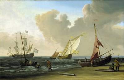 Barco de pesca a puxar as suas redes na praia ao vento, na costa holandesa. Óleo sobre tela de Willem van de Velde the Younger