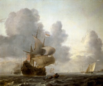 Paisagem de Barcos em um Mar Agitado (Pintura de Willem van de Velde the Younger