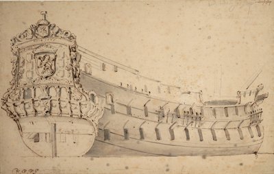 Retrato do "Ridderschap", 66 canhões, do Almirantado do Maas, construído em 1666 e perdido no mar em 1690, c.1686 (grafite, lavagem cinzenta) de Willem van de Velde the Younger