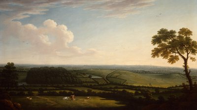 Extensa Paisagem arborizada com vista distante de uma cidade (petróleo) de Joseph Mallord William Turner