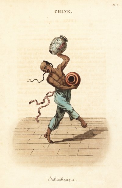 Malabarista chinês dançando e fazendo malabarismo com dois vasos grandes. de William (after) Alexander