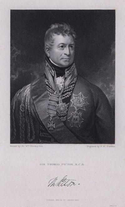 Sir Thomas Picton, general galês das Guerras Napoleónicas morto na Batalha de Waterloo (gravura) de William (after) Beechey