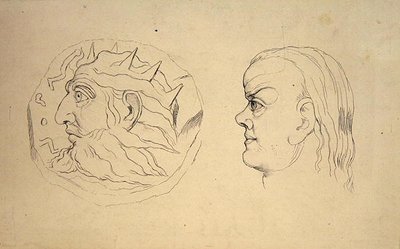 Anverso da moeda de Nabucodonosor e uma cabeça de Câncer, do "Tratado sobre Fisiognomia Zodiacal" de J. Varley, gravado por John Linell de William (after) Blake