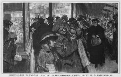 O Natal em tempo de guerra: Compras nas Ruas Escuras (litho) de William (after) Hatherell