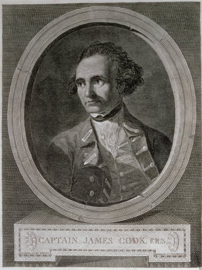 Retrato do Capitão James Cook (1728-79), do frontispício da "Viagem à Volta do Mundo ao Pólo Sul" (gravura) de William (after) Hodges