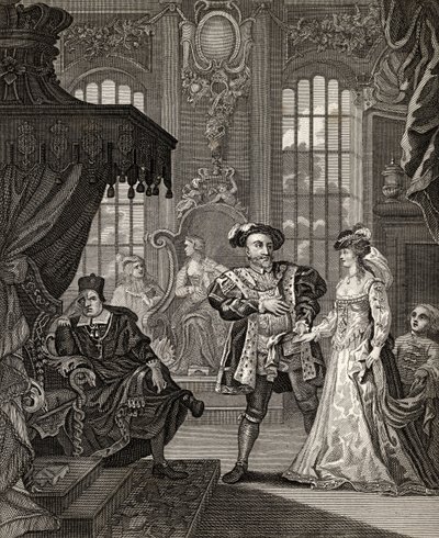 Henrique VIII e Ana Bolena, gravado por T. Cooke, de "The Works of Hogarth", publicado em 1833 (litografia) de William (after) Hogarth