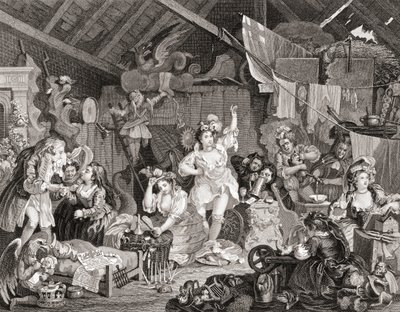 Tocadores de rua ensaiando em um celeiro, gravado por G Presbury, de The Works of Hogarth publicado em Londres 1833 (gravação a p/b) de William (after) Hogarth