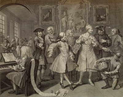 Tom Rakewell rodeado por artistas e professores, placa II de The Rake