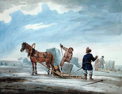Transporte de Gelo por Horsedrawn Sledge, da "Viagem de Moscovo a Constantinopla nos Anos". de William (after) MacMichael