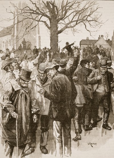 Greve dos trabalhadores agrícolas de Warwickshire: reunião em Whitnash de William (after) Rainey