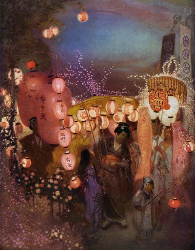 Mulheres e crianças com lanternas num festival japonês (cor litho) de William (after) Shackleton