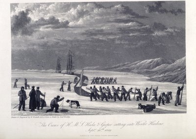 A tripulação de H.M.S. Hecla e Griper cortando no porto de Inverno, 26 de Setembro de 1819, ilustração do 