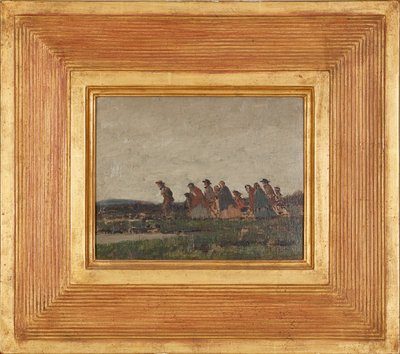 Figuras cruzando uma paisagem (óleo sobre tela) de William (circle of) Nicholson