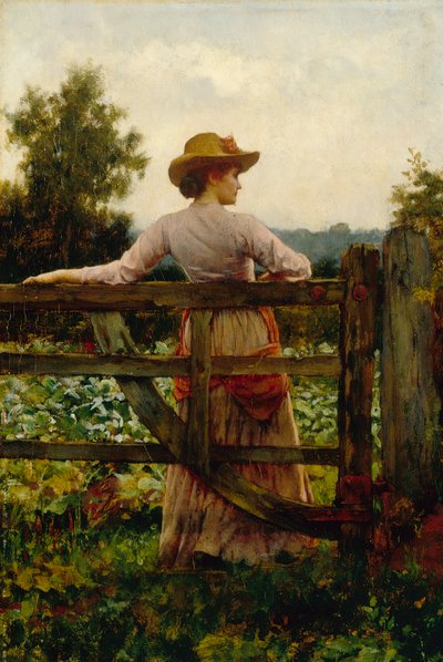 The Trysting Place, Mulher Inclinada no Portão (óleo no painel) de William A. Breakspeare