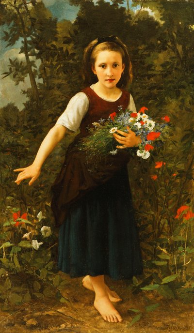 Menina pelo riacho segurando um maço de flores, 1886 de William Adolphe Bouguereau