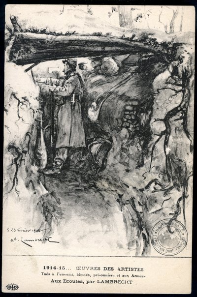 Primeira Guerra Mundial - Guerra 14-18 (1914-1918) - Primeira Guerra Mundial (Primeira ou Primeira Guerra Mundial): França, Mapa Patriótico mostrando um desenho de um soldado numa trincheira a observar a linha da frente, intitulado: 