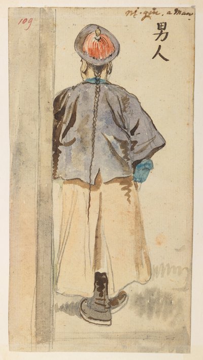 109 Estudo da figura chinesa, a partir de um Álbum de 372 desenhos de paisagens, costas, trajes e vida quotidiana feitos durante a embaixada de Lord Macartney no Imperador da China, entre 1792 e 1794 (lápis e aguarela sobre papel) de William Alexander