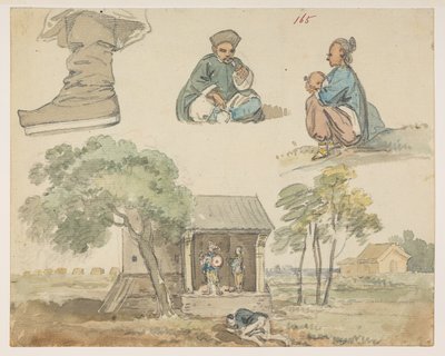 165 Estudos de figuras e santuário, de um Álbum de 372 desenhos de paisagens, costas, trajes e vida quotidiana feitos durante a embaixada de Lord Macartney no Imperador da China, entre 1792 e 1794 (lápis e aguarela sobre papel) de William Alexander