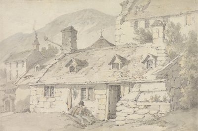 Casas de campo em pedra numa paisagem montanhosa com uma figura em primeiro plano de William Alexander