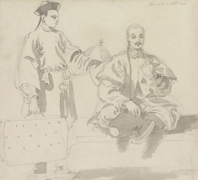 Duas figuras chinesas: Um vendedor de chapéus e um homem sentado de pernas cruzadas, fumando um cachimbo de William Alexander