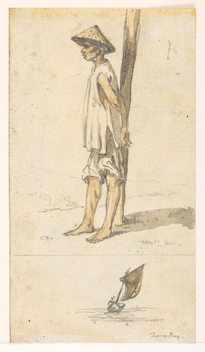 f.5 32v Jovem encostado a uma árvore;um barco. 