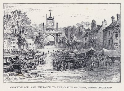 Mercado-Local, e Entrada do Castelo, Bispo Auckland (gravura) de William Alexander Ansted