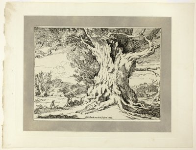 Descansando, homens e cães sob uma grande árvore, da primeira edição de Specimen of Polyautography de William Alfred Delamotte