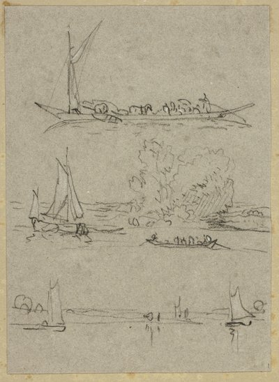Três esboços de barcos fluviais de Dusseldorf de William Alfred Delamotte
