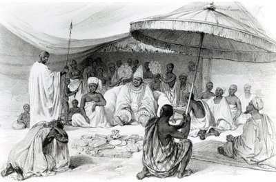 O Attah, de "Vistas pitorescas sobre o rio Níger, esboçado durante a última visita de Lander em 1832-33", litografia de Charles Haghe, 1840 de William Allen