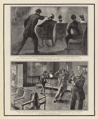 O Assassinato do Presidente Lincoln no Teatro de Ford, em 14 de abril de 1865, o Assassinato do Presidente Garfield em Washington, em 2 de julho de 1881 de William Allen Rogers