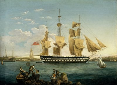 O navio HMS "Duncan" em Mahon (na ilha de Menorca, Espanha). Óleo sobre madeira de William Anderson