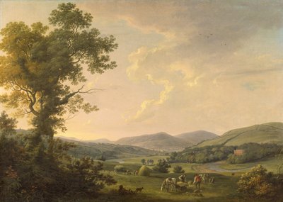 Paisagem com Haymakers e uma vista distante de uma casa georgiana, c.1780 (óleo sobre tela) de William Ashford